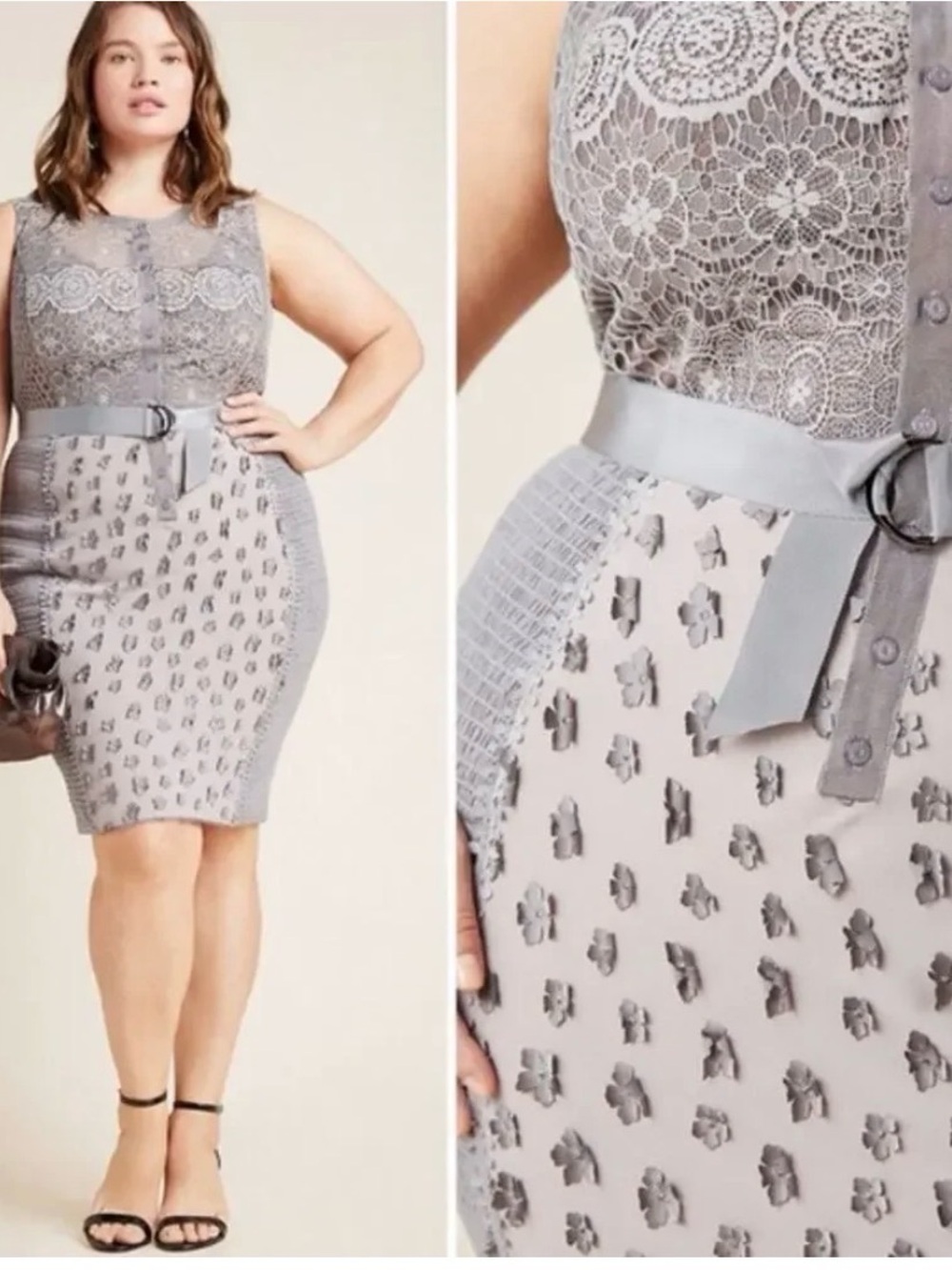 Sleeveless Lace & Appliqué Bodycon Dress in Light Gray